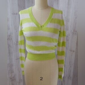 Theory Women’s Cotton Cashmere V Neck Petite Top Green Stripes